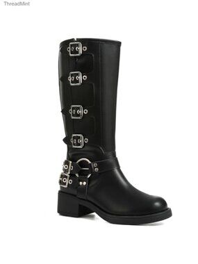 Women Knee High Moto Biker Boots Buckle Tall Combat Riding Boots